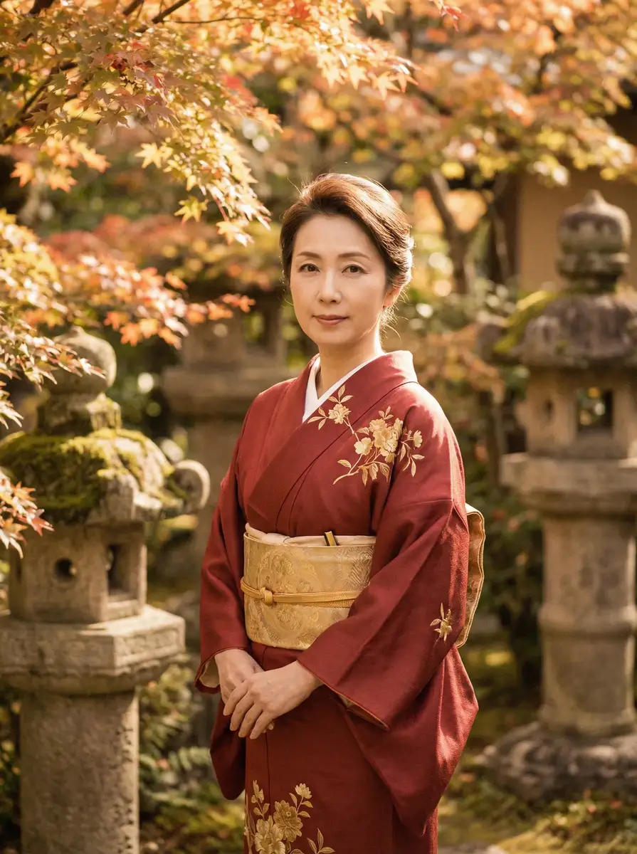 一位身穿暗红色和服的优雅 家有e妻 在日式庭院中