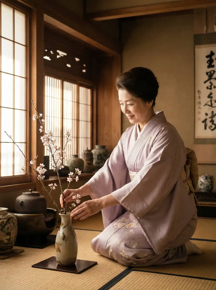 一位优雅的 家有e妻 在和室中插花