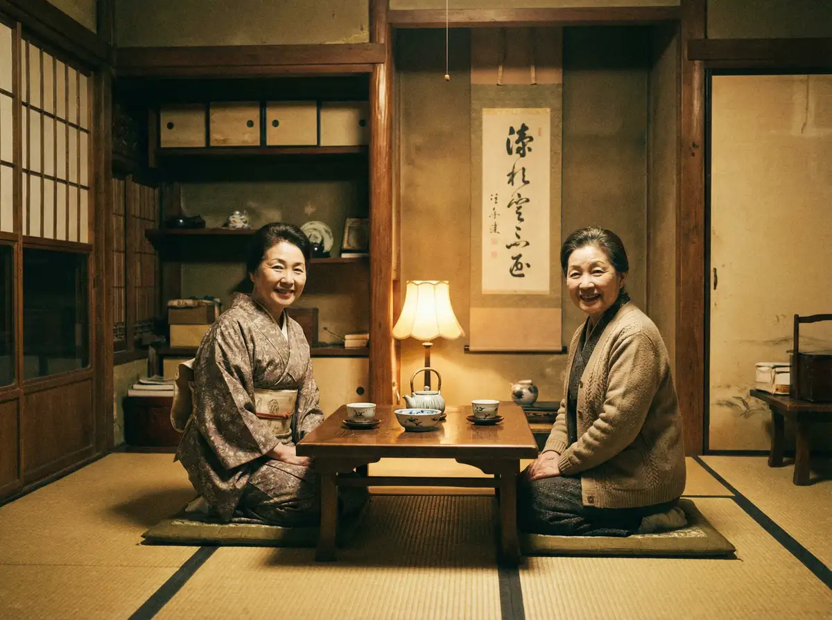 两位优雅的 家有e妻 在日式茶室中品茶交谈